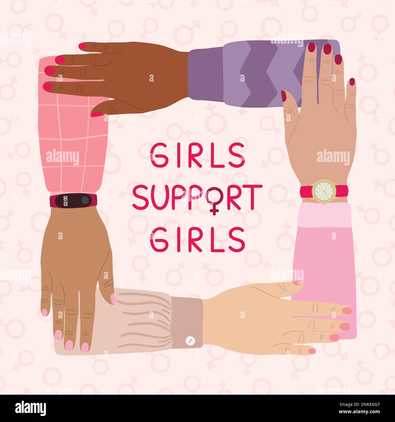 Ragazze sostegno ragazze poster. Le mani femminili si accatastano. L'empowerment della donna, il potere della ragazza, la lotta per l'uguaglianza di genere, il femminismo e il concetto di sisterhood. Illustrazione Vettoriale