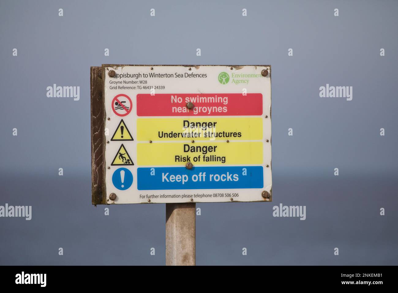 Cartello di sicurezza sulla spiaggia di Horsey Gap, Norfolk, Inghilterra, Regno Unito Foto Stock