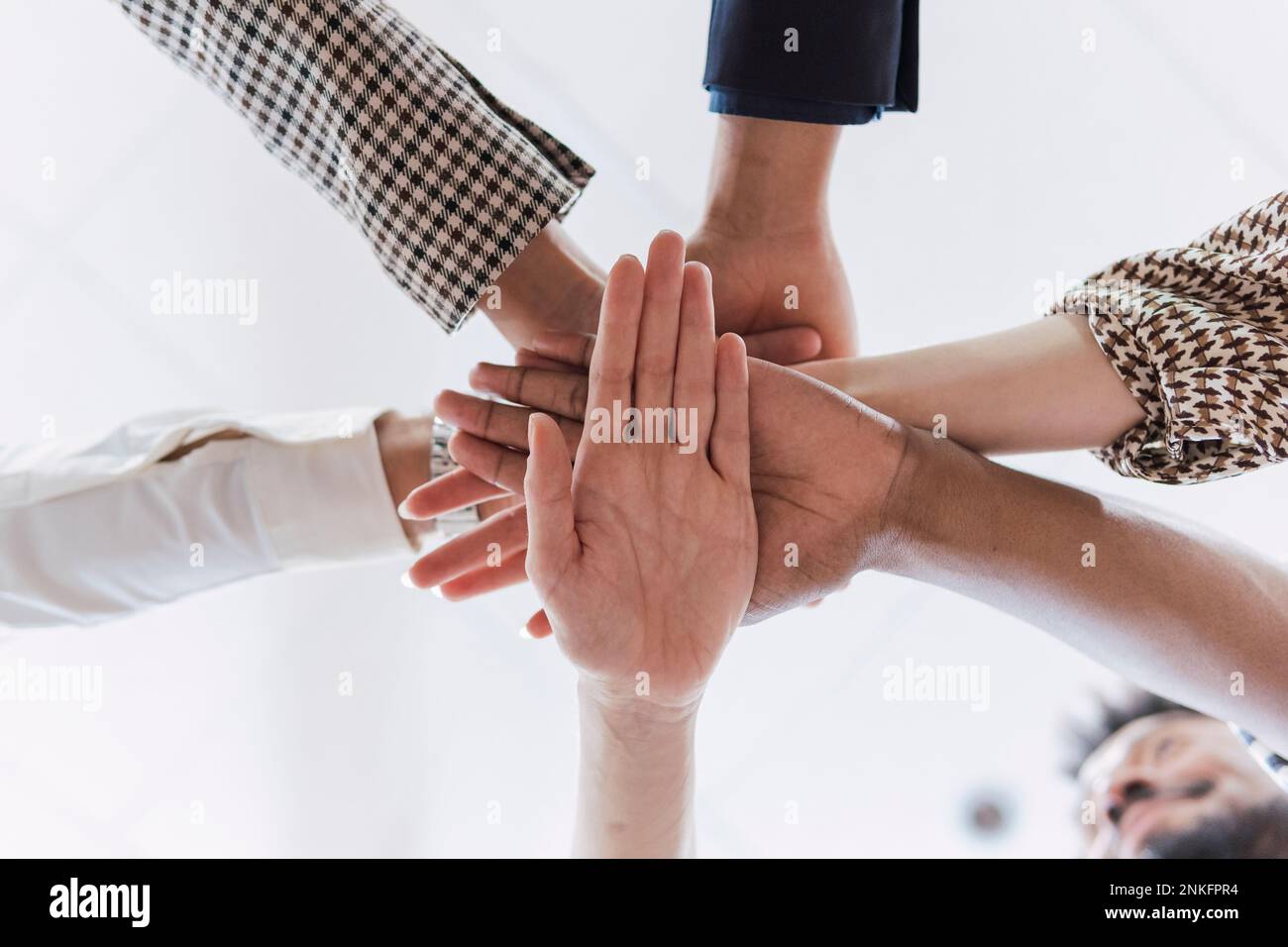 Primo piano dei colleghi aziendali che si accatastano Foto Stock