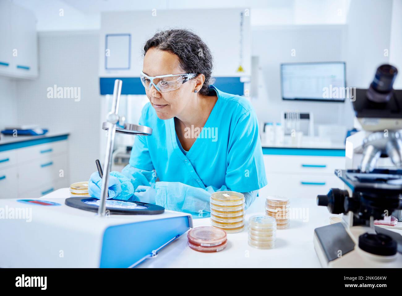 Scienziato femminile che analizza un campione in un laboratorio microbiologico Foto Stock