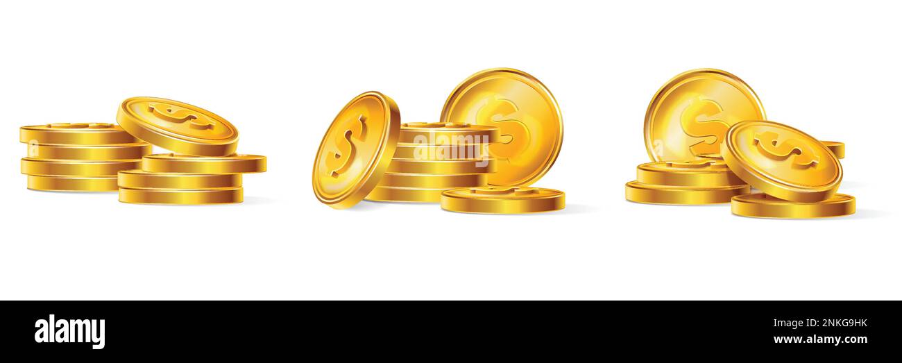 Monete d'oro realistiche Set di composizioni isolate con pile e pile di centesimi su sfondo bianco illustrazione vettoriale Illustrazione Vettoriale