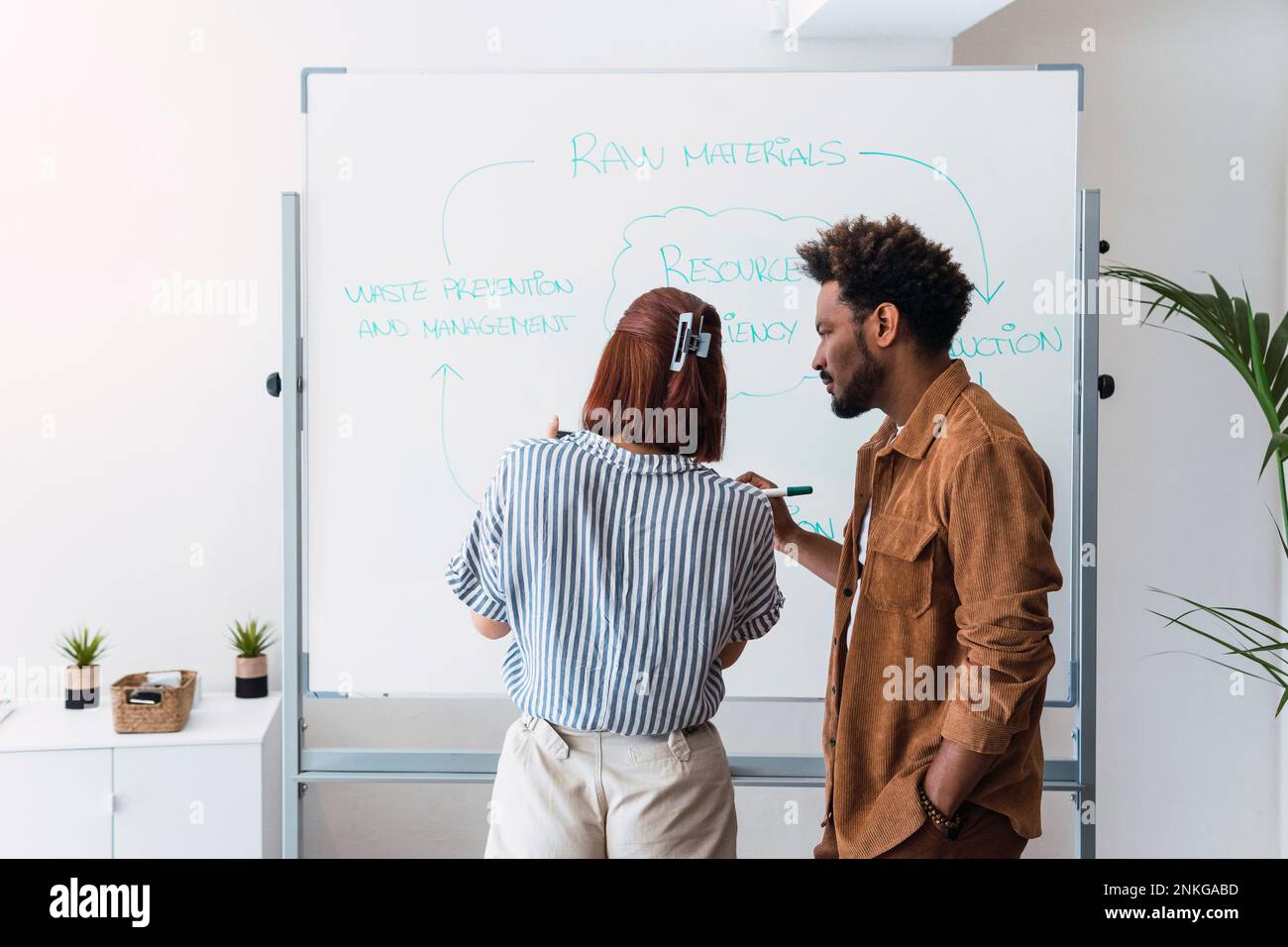 Uomo d'affari che ha discusso con un collega sulla lavagna in ufficio Foto Stock