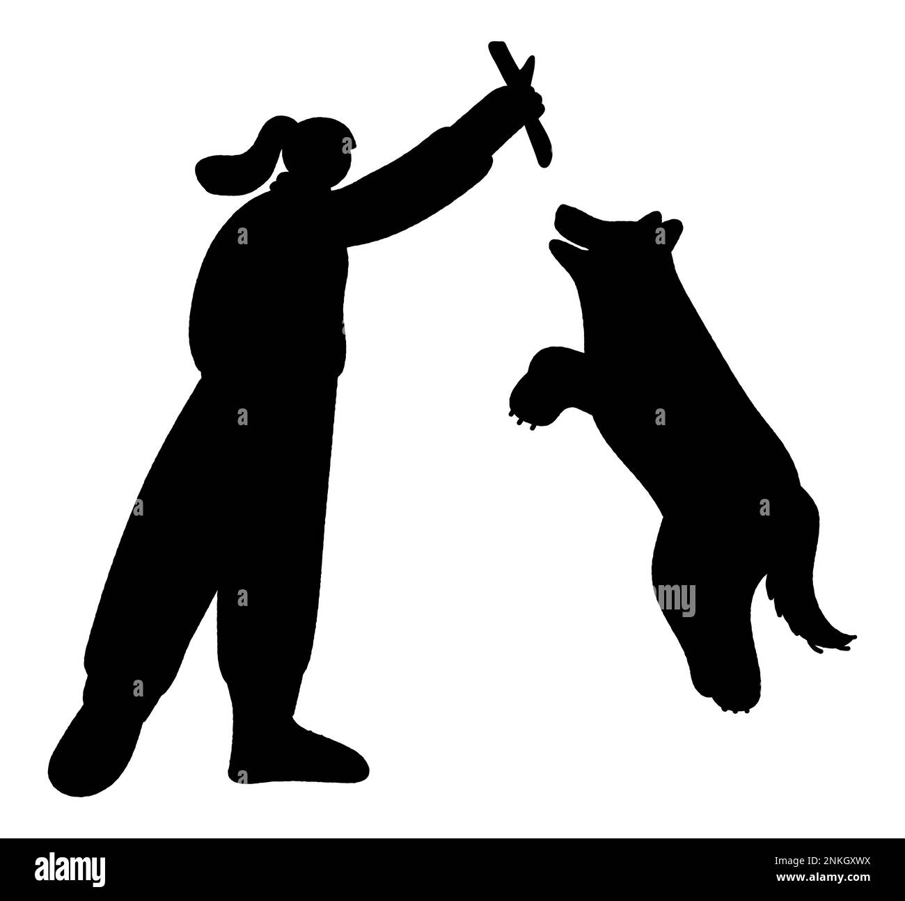Donna che gioca con il cane con il bastone. Servizi di addestramento del cane o del riparo, illustrazione del vettore disegnata a mano per animale Illustrazione Vettoriale