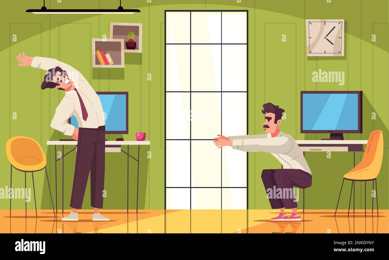 Workplace allunga cartoni animati poster con i maschi che hanno esercizi in ufficio illustrazione vettoriale Illustrazione Vettoriale