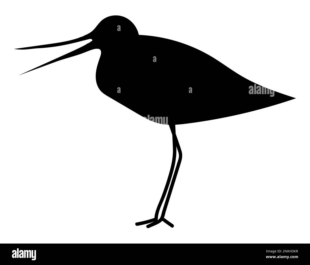 Silhouette nera di un uccello da cecchino con bocca aperta, sandpiper Illustrazione Vettoriale