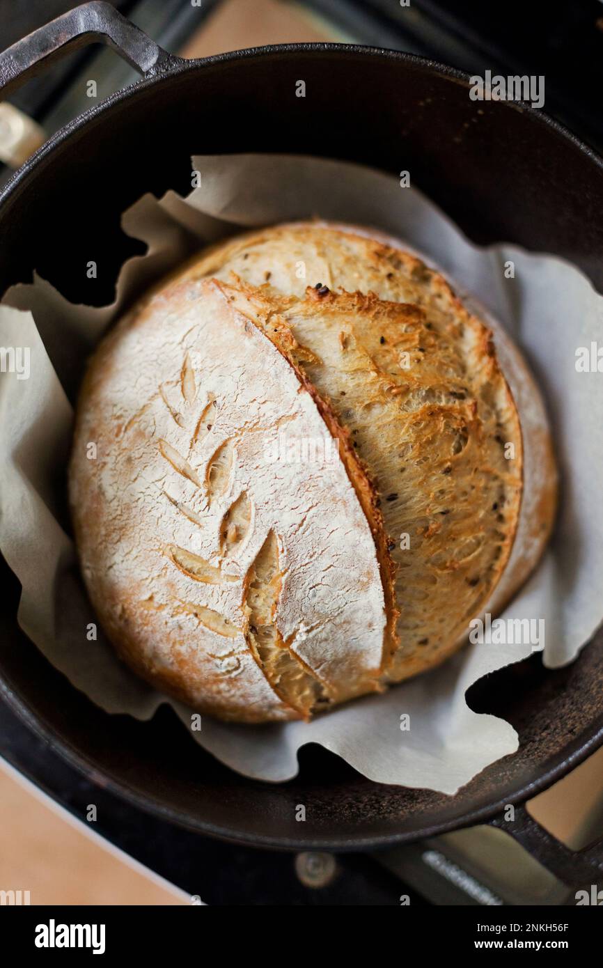 Pane di pasta madre appena sfornato in una pentola in ghisa Foto Stock