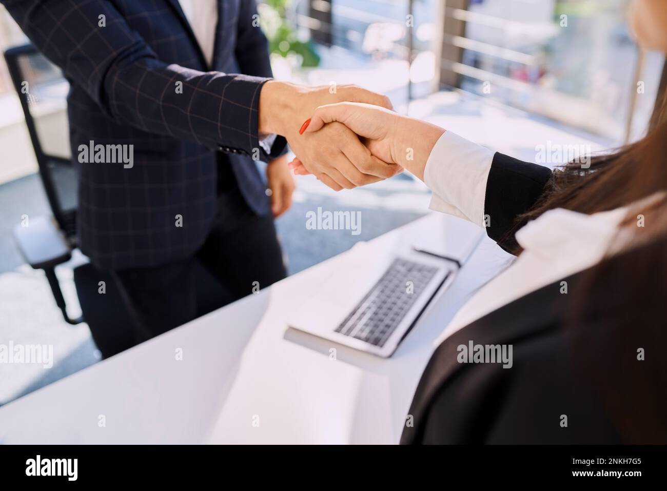 Reclutatore e candidato che fanno stretta di mano dopo il colloquio in ufficio Foto Stock