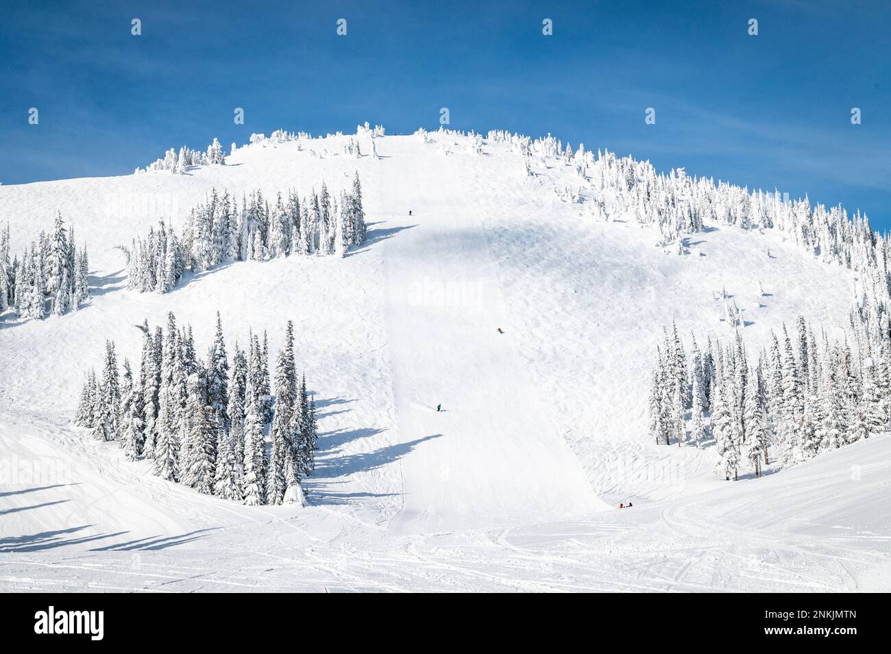 Foto di 3 sciatori che percorrono un sentiero molto curato sulla montagna da mezza montagna presso la stazione sciistica di Sun Peaks. Foto Stock