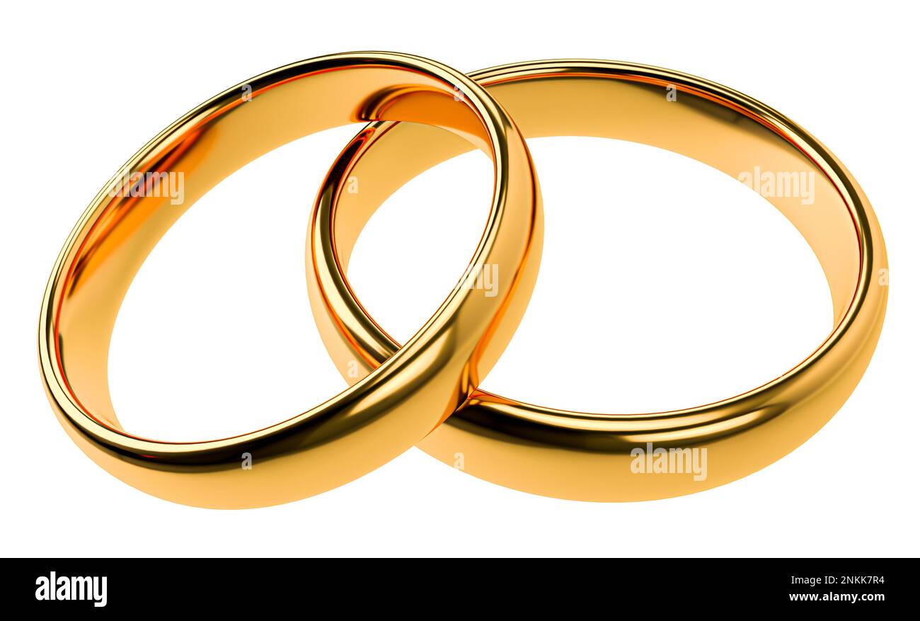 Illustrazione di due anelli d'oro per matrimoni isolati. Concetti di unità Foto Stock