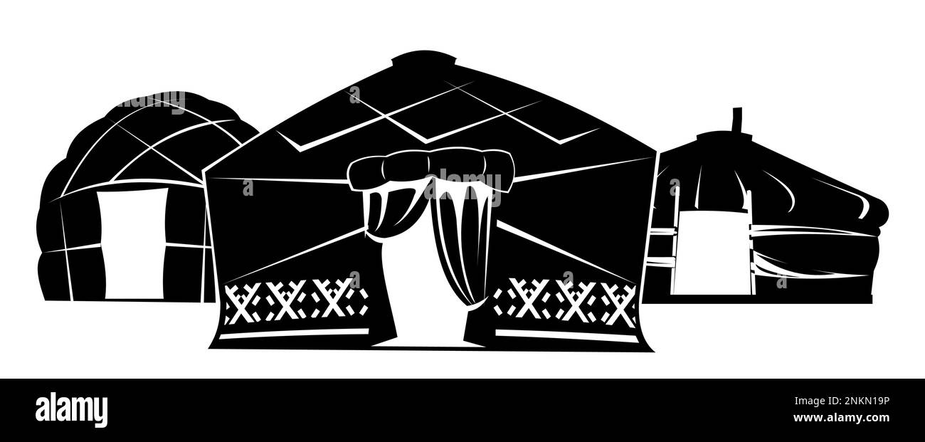 Yurt in tundra. Design di silhouette. Dimora di popolazioni nomadi settentrionali nell'Artico. Da feltro e pelli. Isolato su sfondo bianco. Illustrazione Illustrazione Vettoriale