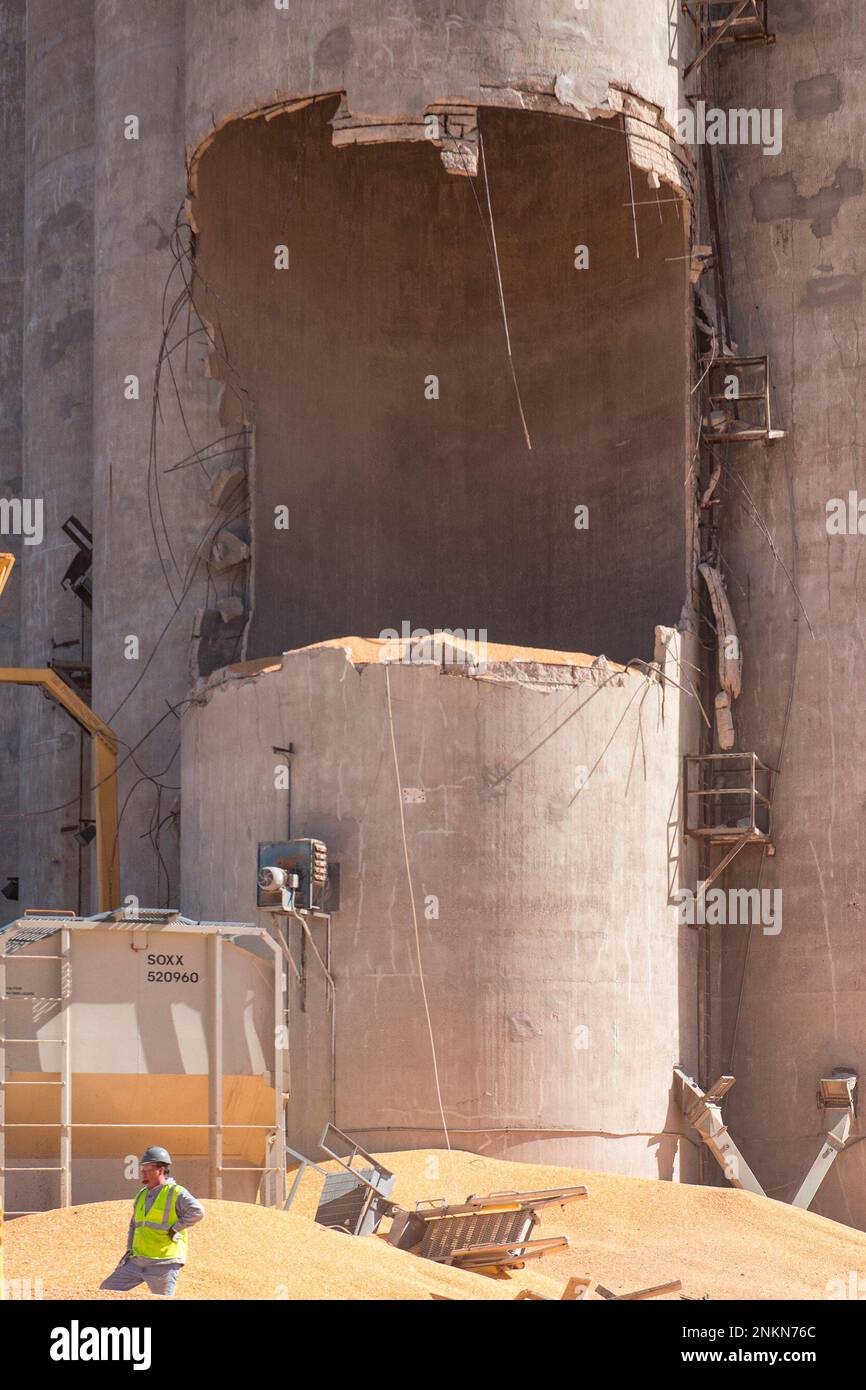 Damage to the Landus Cooperative grain elevator in Yetter, Iowa, is