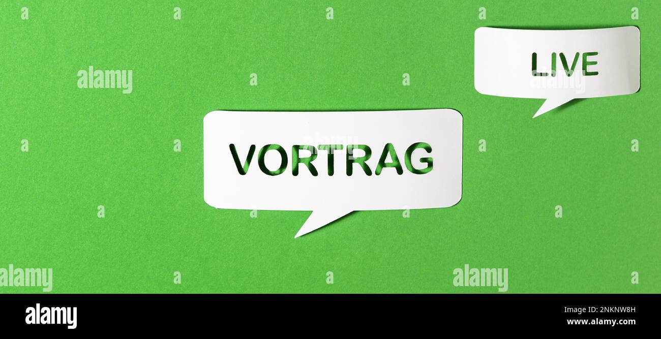 Lezioni di testo in tedesco e testo in inglese in diretta ciascuno in una bolla di discorso di carta perforata su sfondo verde. Vettore fotorealistico in formato banner. Illustrazione Vettoriale