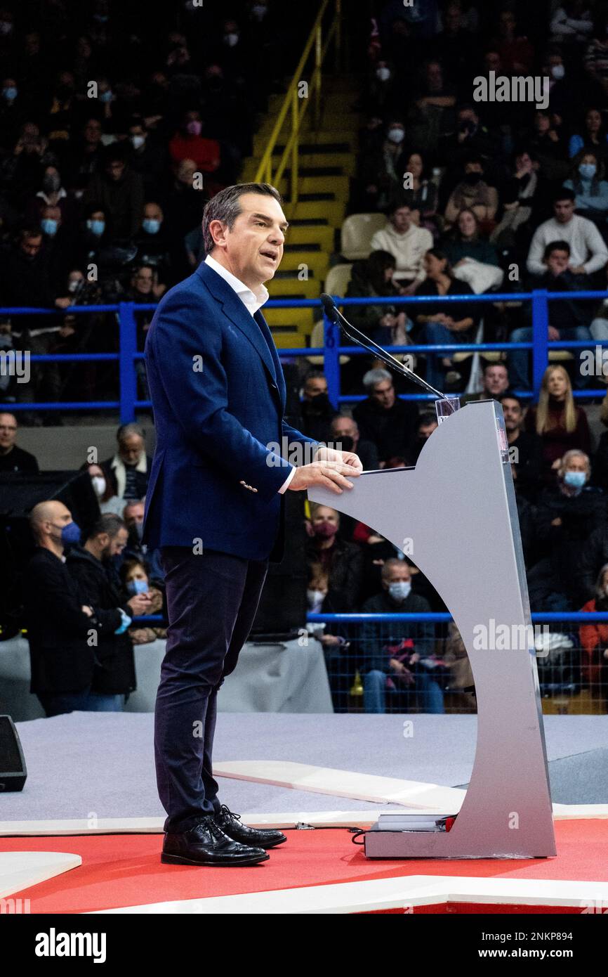 Grecia, Atene, 2023-02-01. Nell'ambito dell'inizio delle elezioni parlamentari greche, Alexis Tsipras, ex primo ministro e presidente del Pr Foto Stock
