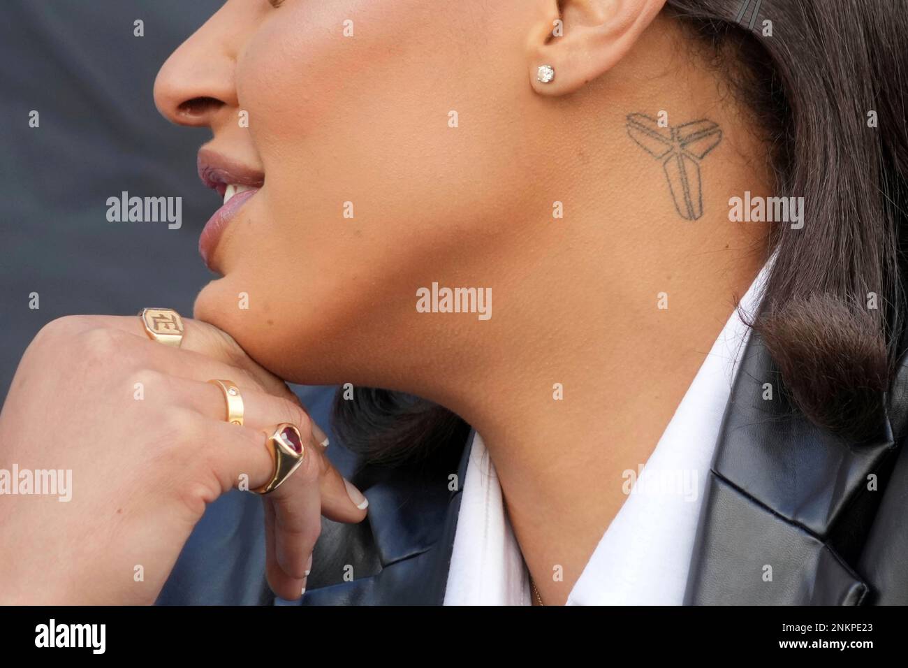 A detailed view of Kobe Bryant logo tattoo on the neck of Liz Cambage during a