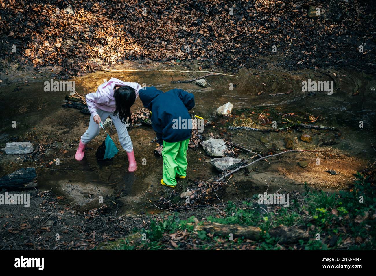 Persona nella foresta. Due bambini asiatici che pescano con una rete per scoprire la natura. Asian ragazzo e ragazza che giocano in un ruscello in primavera. Foto Stock