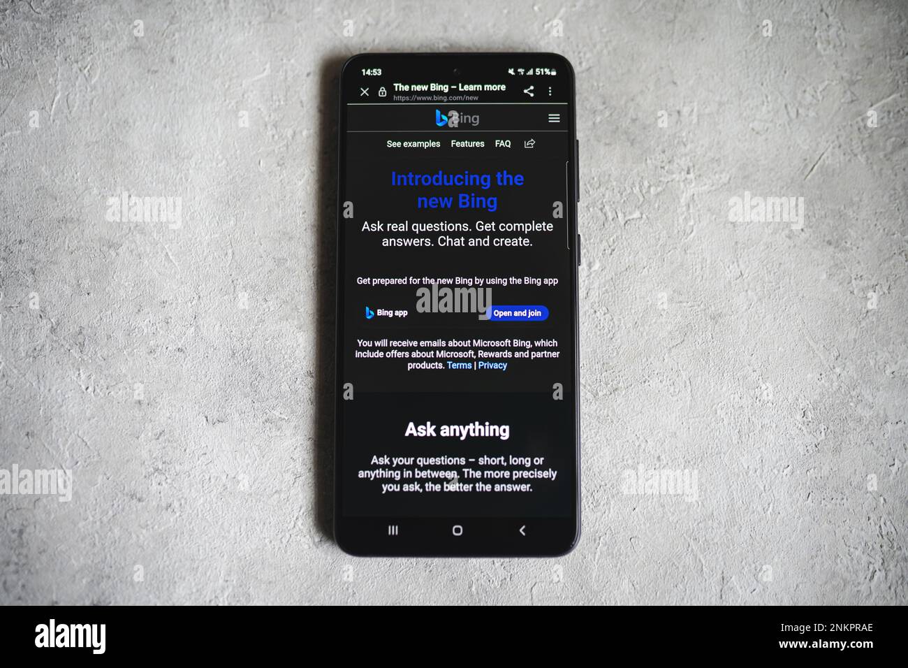 Microsoft lancia la nuova pagina Web di Bing. Bing integra Open ai ChatGPT chatbot al concetto di motore di ricerca. Swansea, Regno Unito - 23 febbraio 2023. Foto Stock