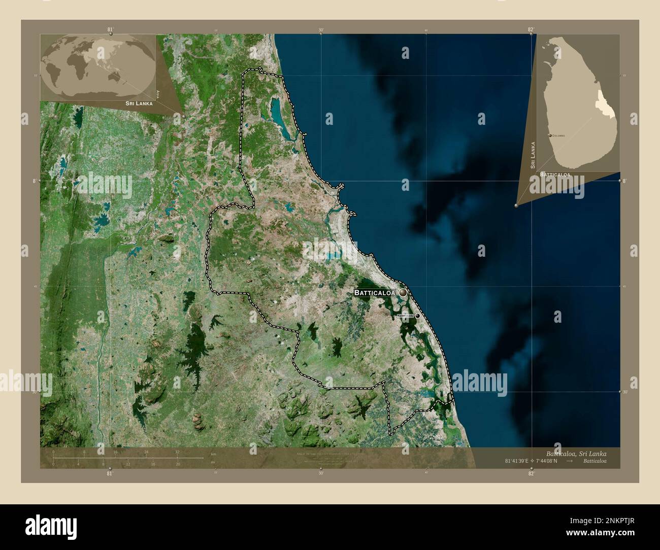 Batticaloa, distretto di Sri Lanka. Mappa satellitare ad alta risoluzione. Località e nomi delle principali città della regione. Mappe delle posizioni ausiliarie degli angoli Foto Stock