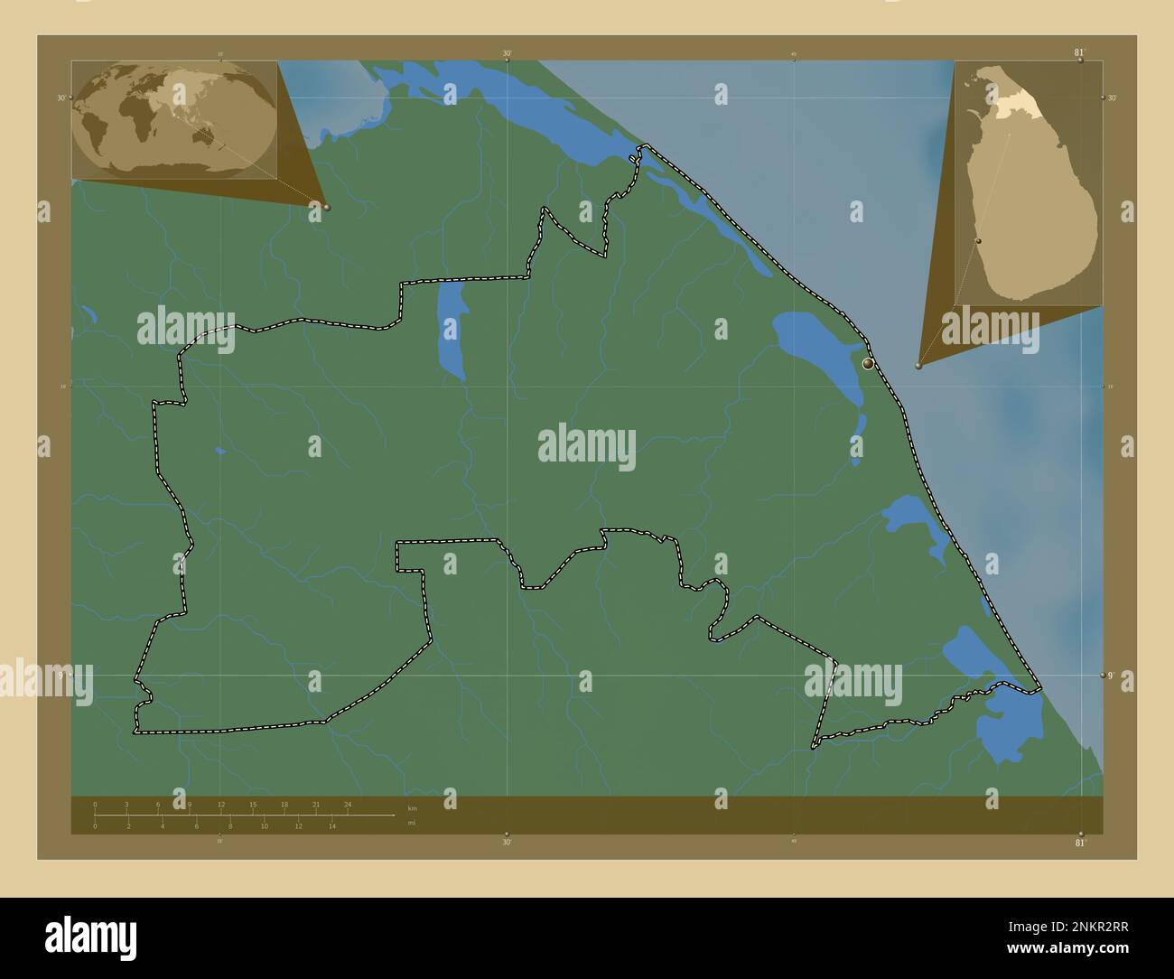 Mullaitivu, distretto di Sri Lanka. Mappa di altitudine colorata con laghi e fiumi. Posizioni delle principali città della regione. Mappa della posizione ausiliaria ad angolo Foto Stock