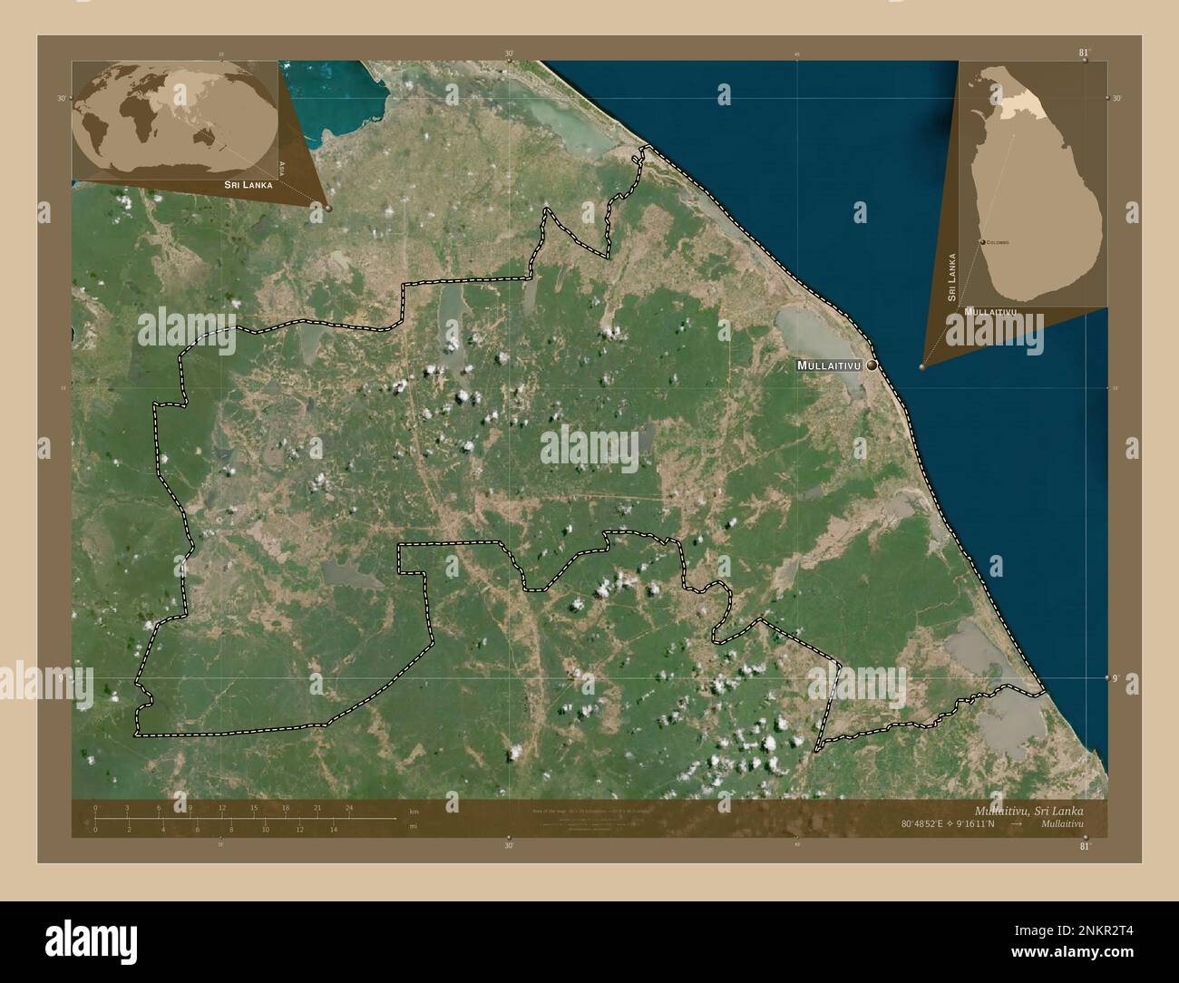 Mullaitivu, distretto di Sri Lanka. Mappa satellitare a bassa risoluzione. Località e nomi delle principali città della regione. Mappe delle posizioni ausiliarie degli angoli Foto Stock