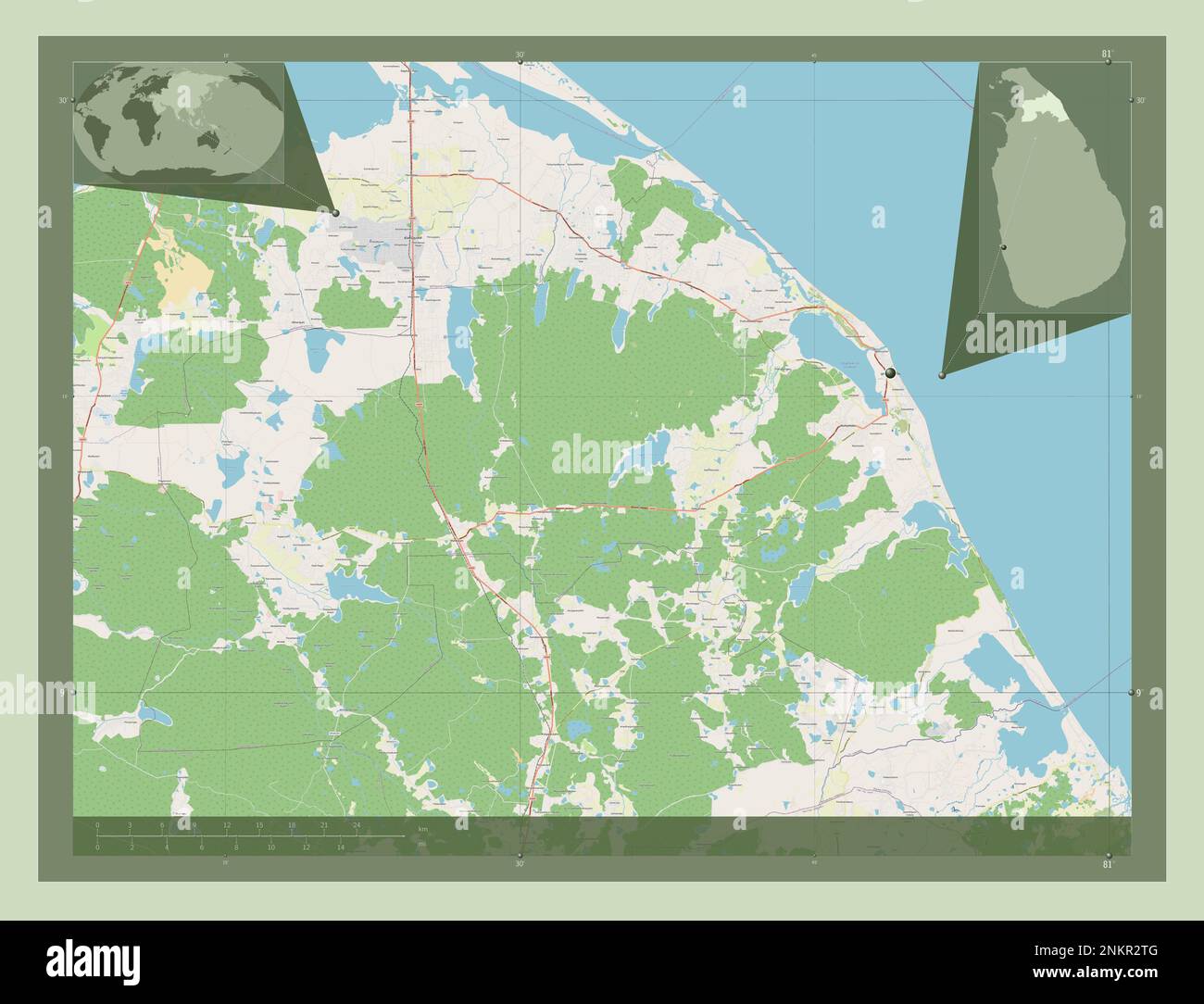 Mullaitivu, distretto di Sri Lanka. Aprire la mappa stradale. Mappe delle posizioni ausiliarie degli angoli Foto Stock