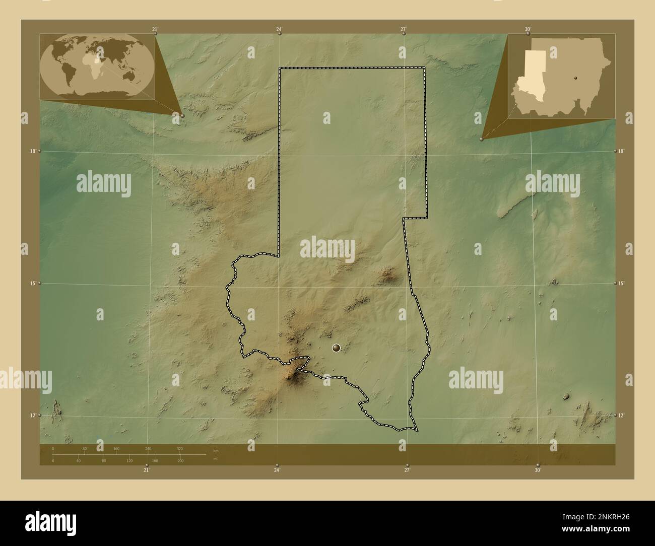 Darfur settentrionale, stato del Sudan. Mappa di altitudine colorata con laghi e fiumi. Mappe delle posizioni ausiliarie degli angoli Foto Stock