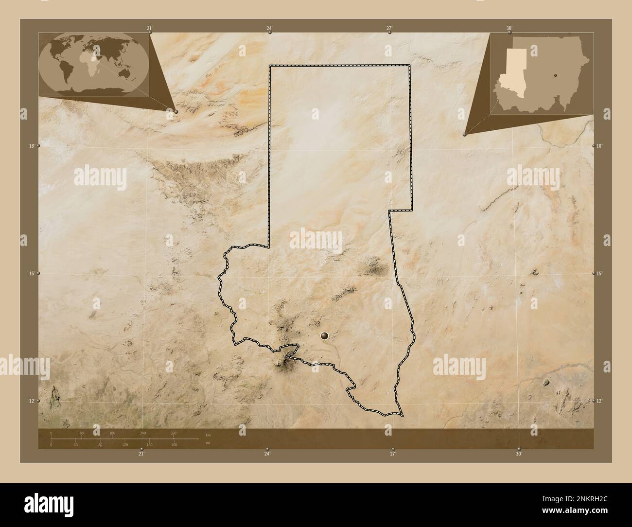 Darfur settentrionale, stato del Sudan. Mappa satellitare a bassa risoluzione. Mappe delle posizioni ausiliarie degli angoli Foto Stock