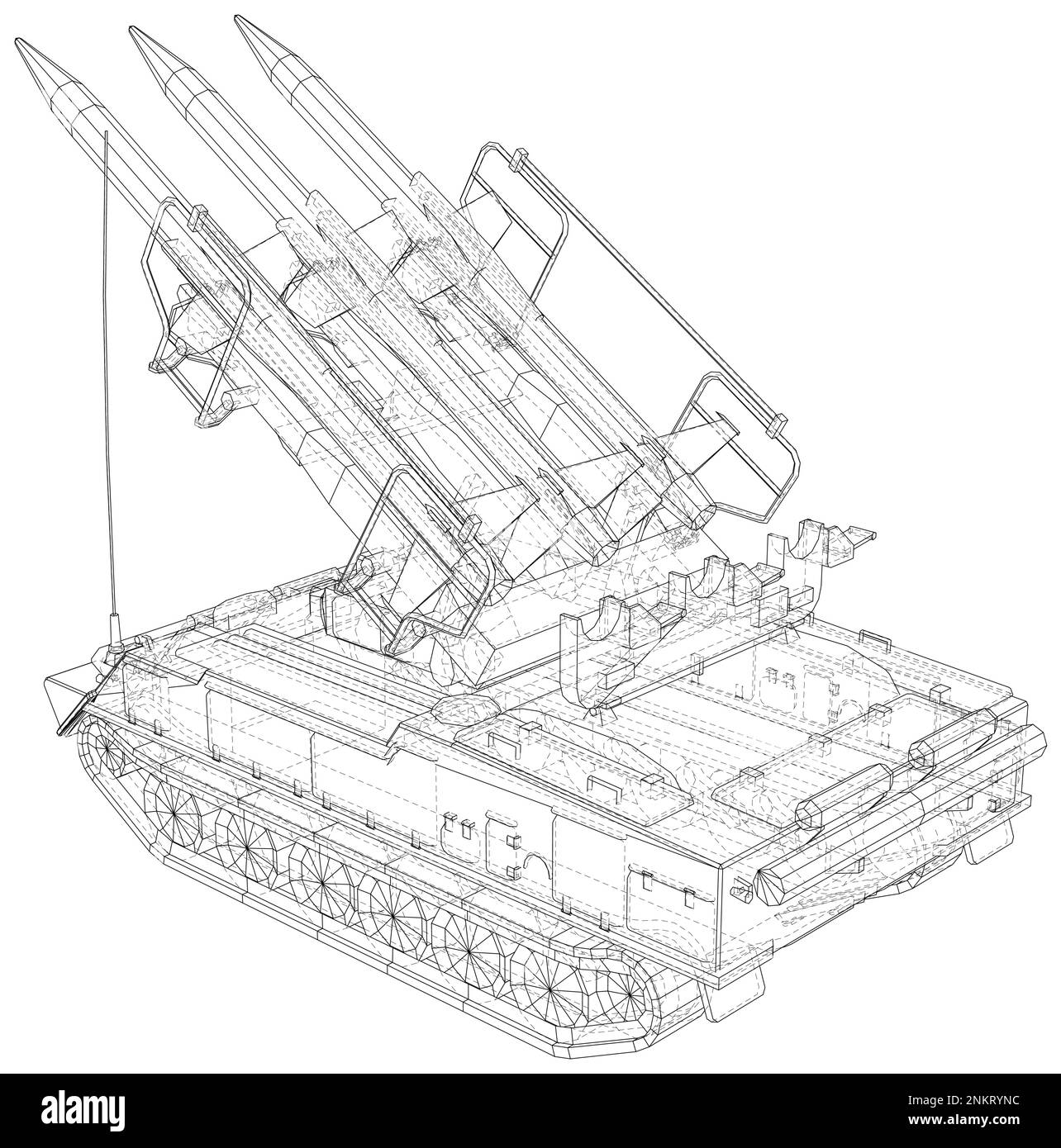 Illustrazione vettore del carrello per missili. I livelli delle linee visibili e invisibili sono separati. Formato EPS10:9. Vettore creato da 3D Illustrazione Vettoriale