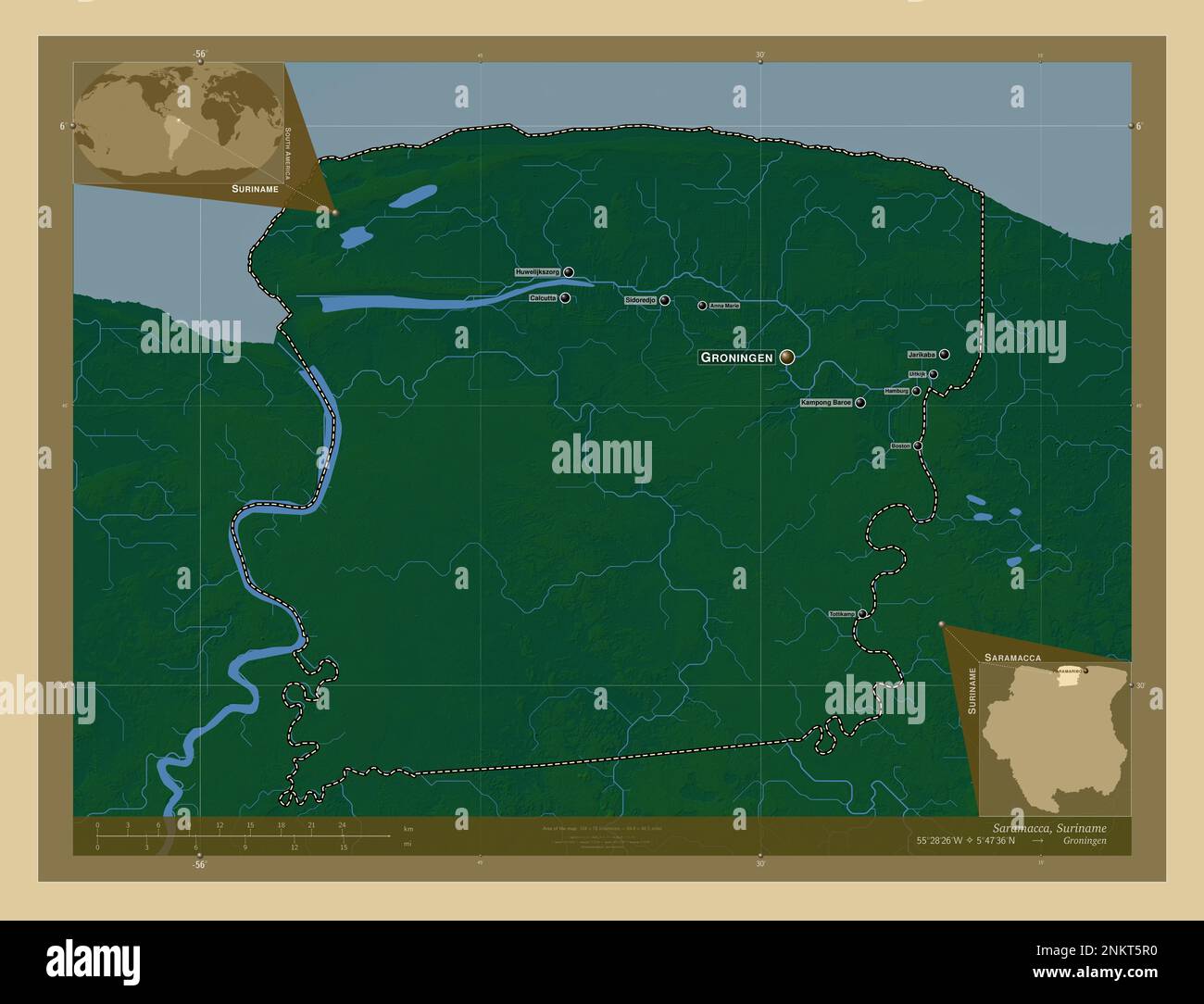 Saramacca, distretto del Suriname. Mappa di altitudine colorata con laghi e fiumi. Località e nomi delle principali città della regione. Posizione ausiliaria d'angolo Foto Stock