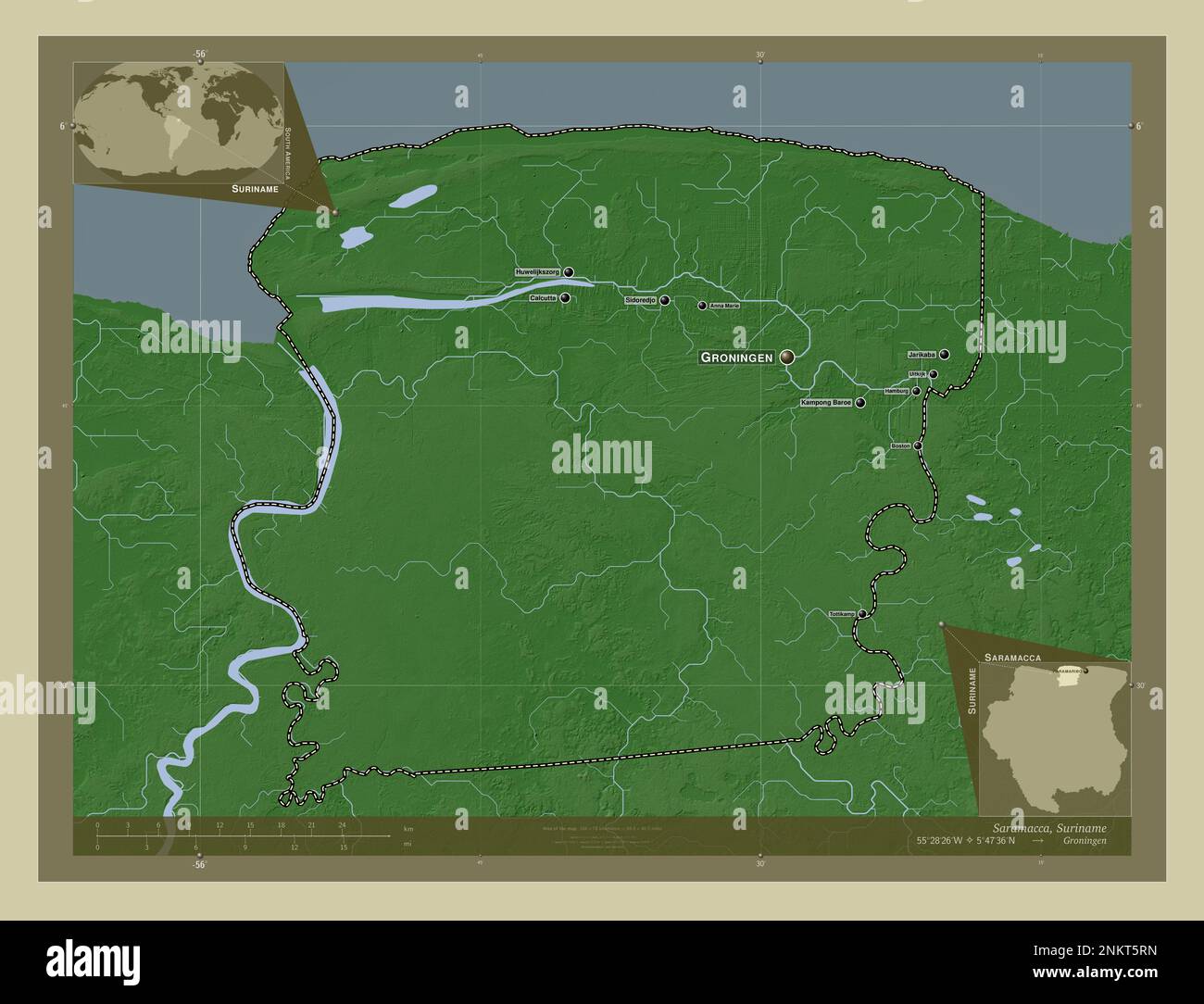 Saramacca, distretto del Suriname. Mappa dell'altitudine colorata in stile wiki con laghi e fiumi. Località e nomi delle principali città della regione. Angolo Foto Stock