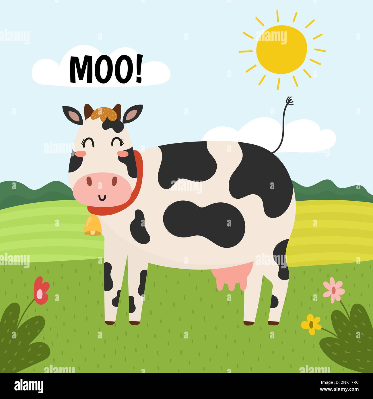 La mucca va moo stampa. Carino carattere fattoria su un pascolo verde Illustrazione Vettoriale
