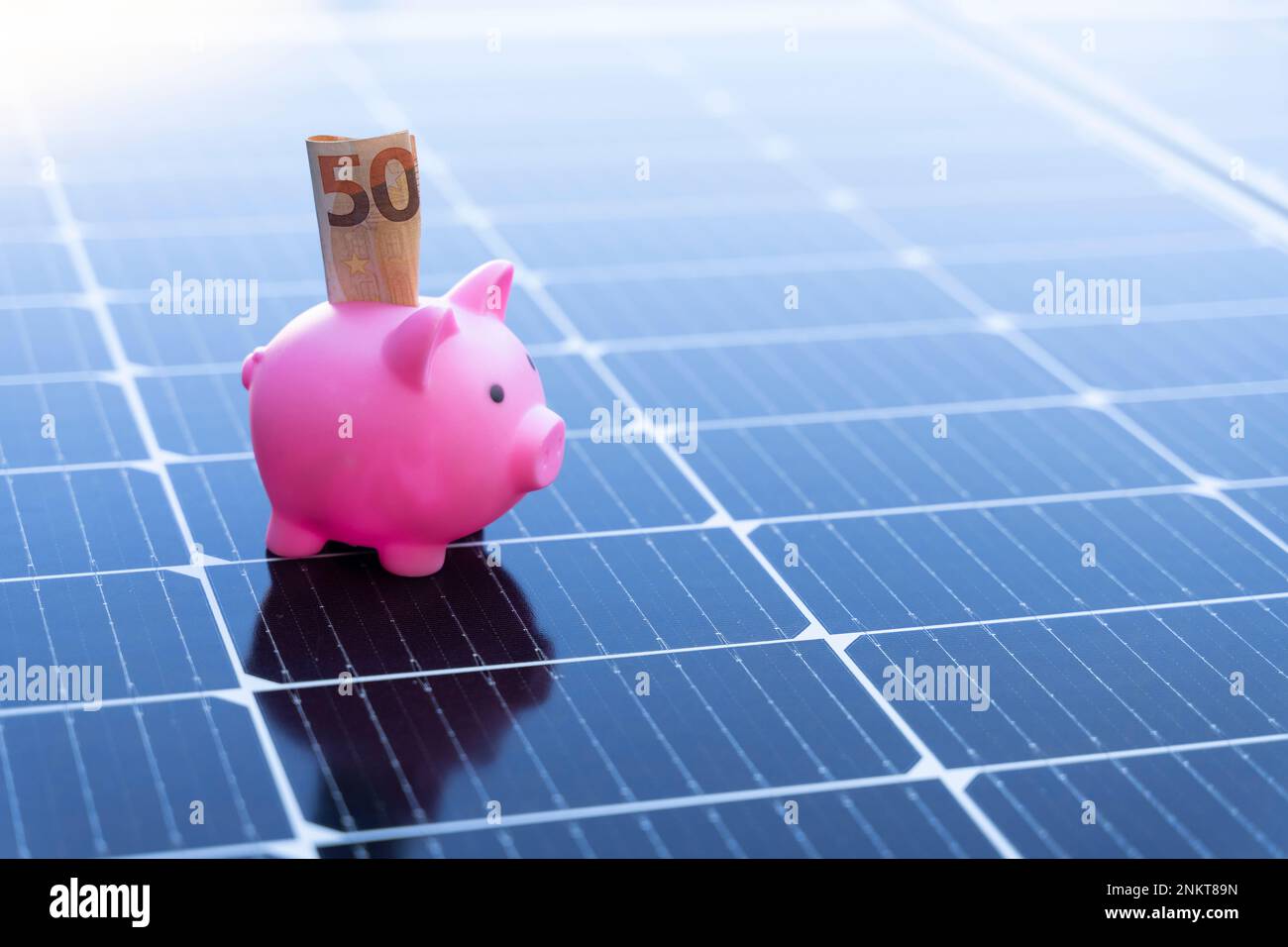 Concetto di risparmio energetico con pannelli solari e una banca di porcellini con cinquanta euro Foto Stock