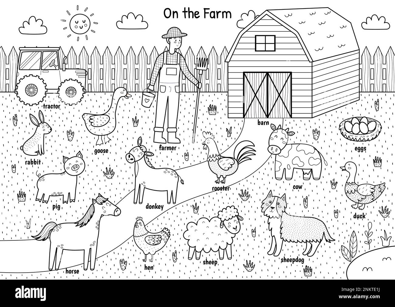 Sulla fattoria in bianco e nero poster con gli animali carini e i loro nomi. Pagina di colorazione didattica Illustrazione Vettoriale