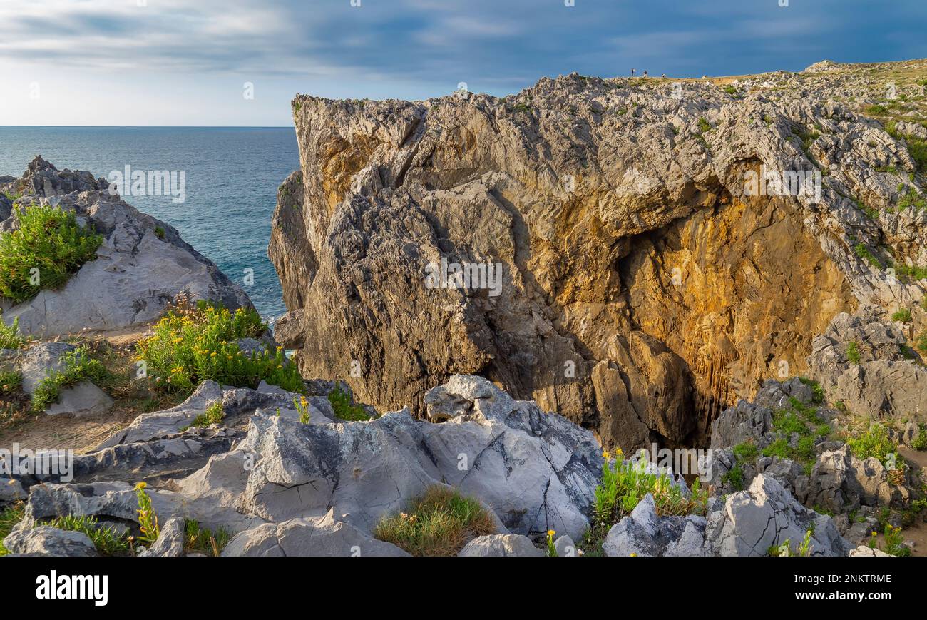 Costa rocciosa, scogliere di Pría, formazione carsica, Bufones de Pría, Paesaggio protettato della Costa Orientale delle Asturie, Lames de Pría, Asturie, Spagna, e Foto Stock