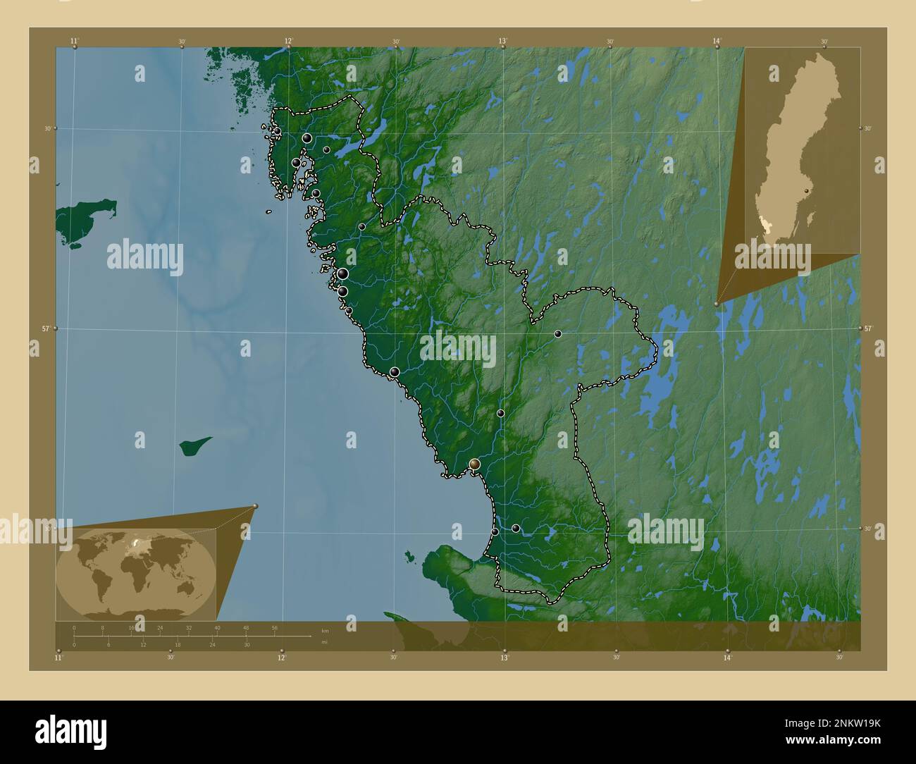 Halland, contea di Svezia. Mappa di altitudine colorata con laghi e