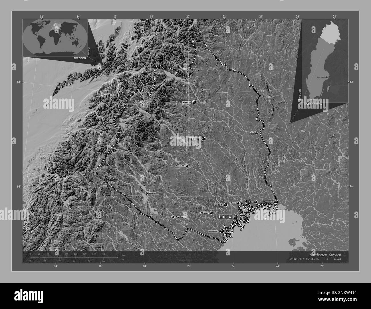 Norrbotten, contea di Svezia. Mappa altimetrica bilivello con laghi e fiumi. Località e nomi delle principali città della regione. Posizione ausiliaria angolo Foto Stock