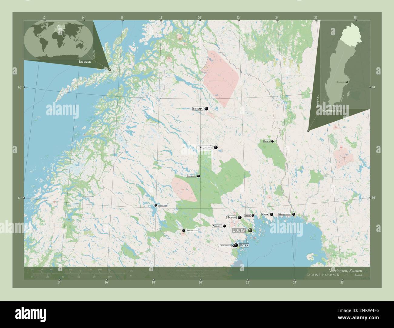 Norrbotten, contea di Svezia. Aprire la mappa stradale. Località e nomi delle principali città della regione. Mappe delle posizioni ausiliarie degli angoli Foto Stock