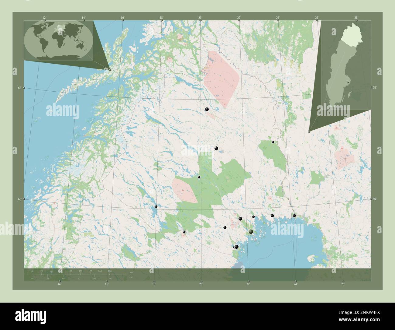 Norrbotten, contea di Svezia. Aprire la mappa stradale. Posizioni delle principali città della regione. Mappe delle posizioni ausiliarie degli angoli Foto Stock