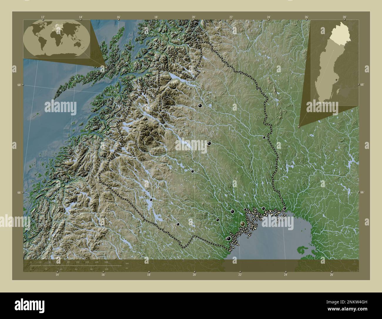 Norrbotten, contea di Svezia. Mappa dell'altitudine colorata in stile wiki con laghi e fiumi. Posizioni delle principali città della regione. Pos. Ausiliario angolo Foto Stock
