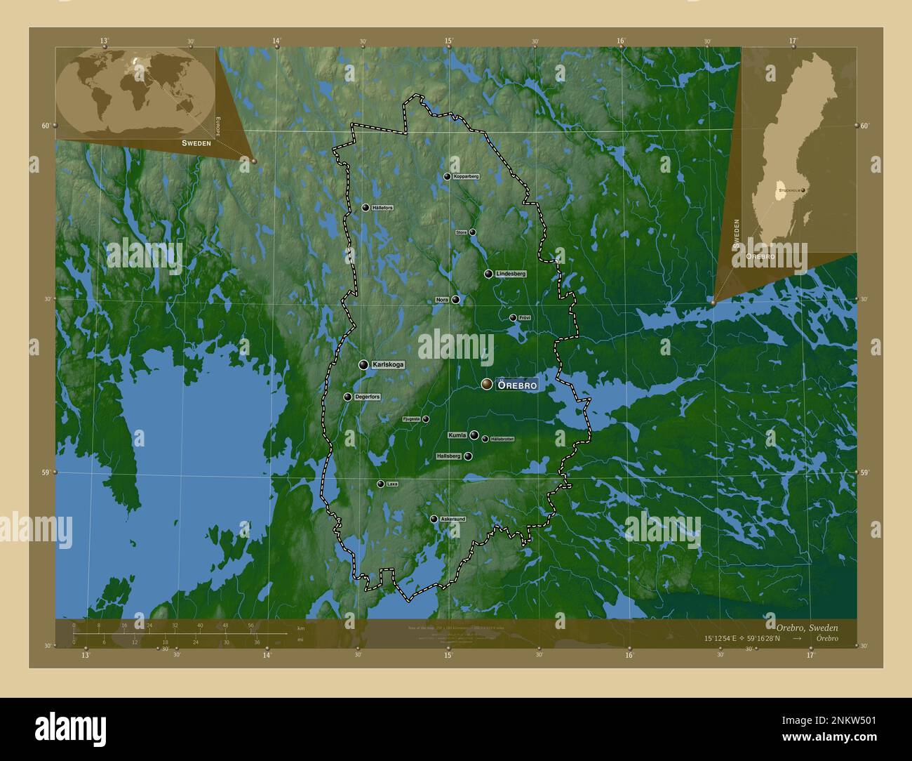 Orebro, contea di Svezia. Mappa di altitudine colorata con laghi e fiumi. Località e nomi delle principali città della regione. Posizione ausiliaria angolo ma Foto Stock