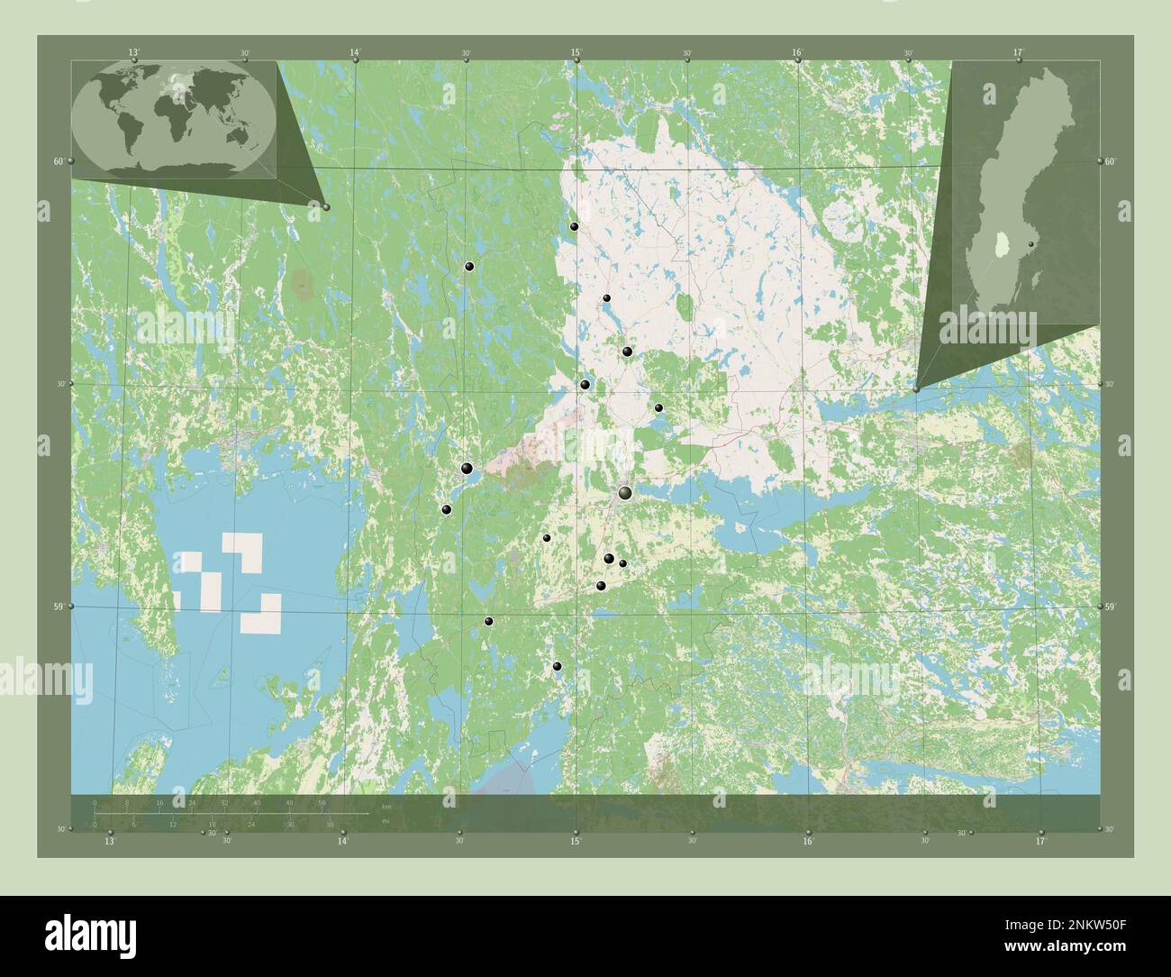 Orebro, contea di Svezia. Aprire la mappa stradale. Posizioni delle principali città della regione. Mappe delle posizioni ausiliarie degli angoli Foto Stock