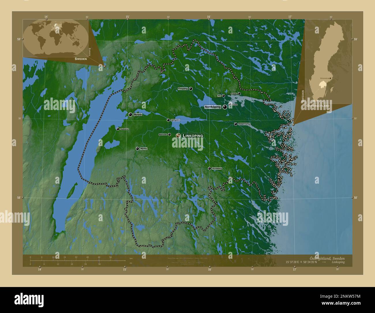 Ostergotland, contea della Svezia. Mappa di altitudine colorata con laghi e fiumi. Località e nomi delle principali città della regione. Posizione ausiliaria d'angolo Foto Stock