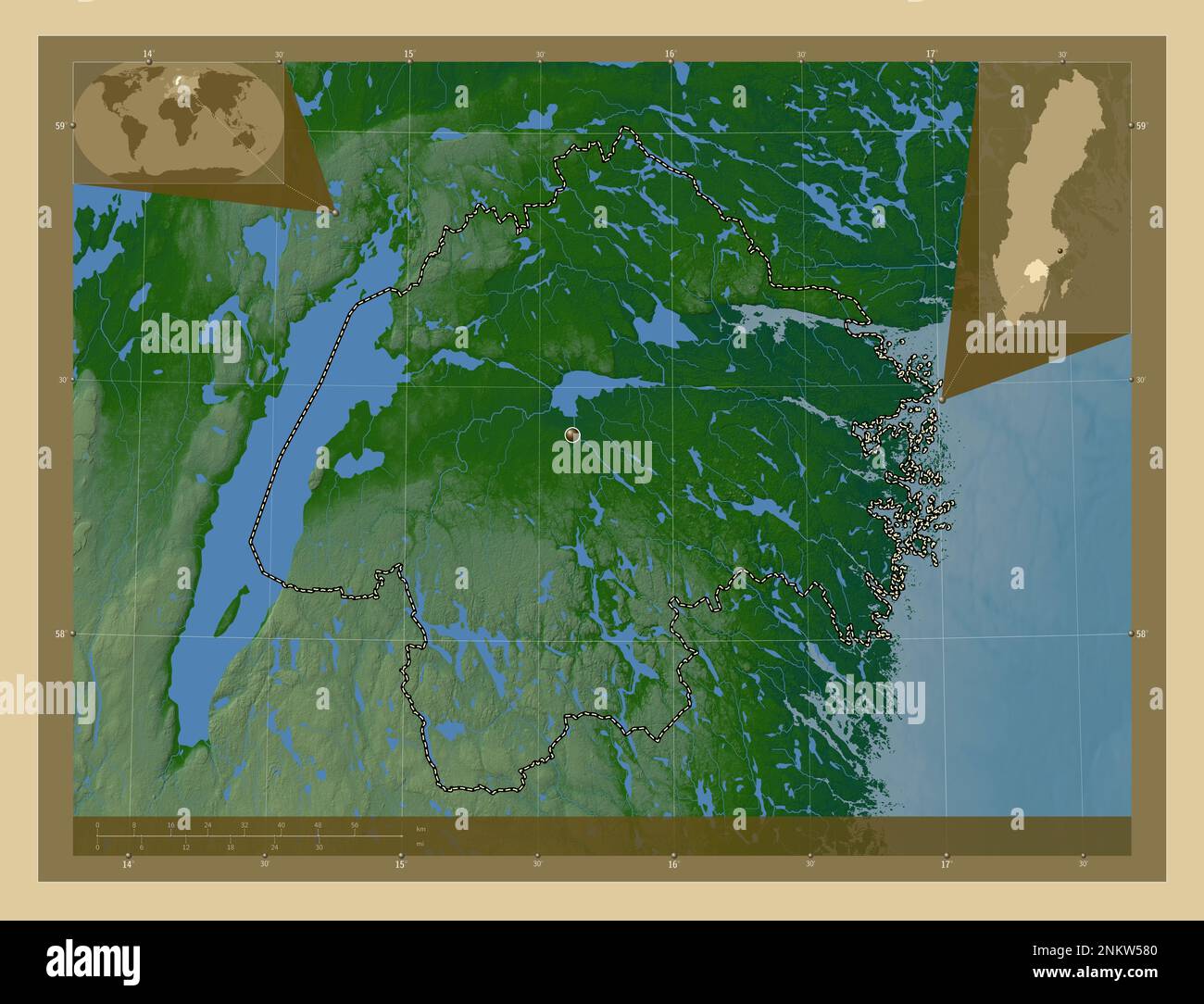 Ostergotland, contea della Svezia. Mappa di altitudine colorata con laghi e fiumi. Mappe delle posizioni ausiliarie degli angoli Foto Stock