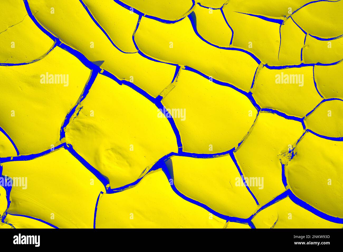 Modelli astratti colorati di fango secco. Giallo e blu. Letto del fiume asciutto. Fiume Swakop, Namibia, Africa Foto Stock