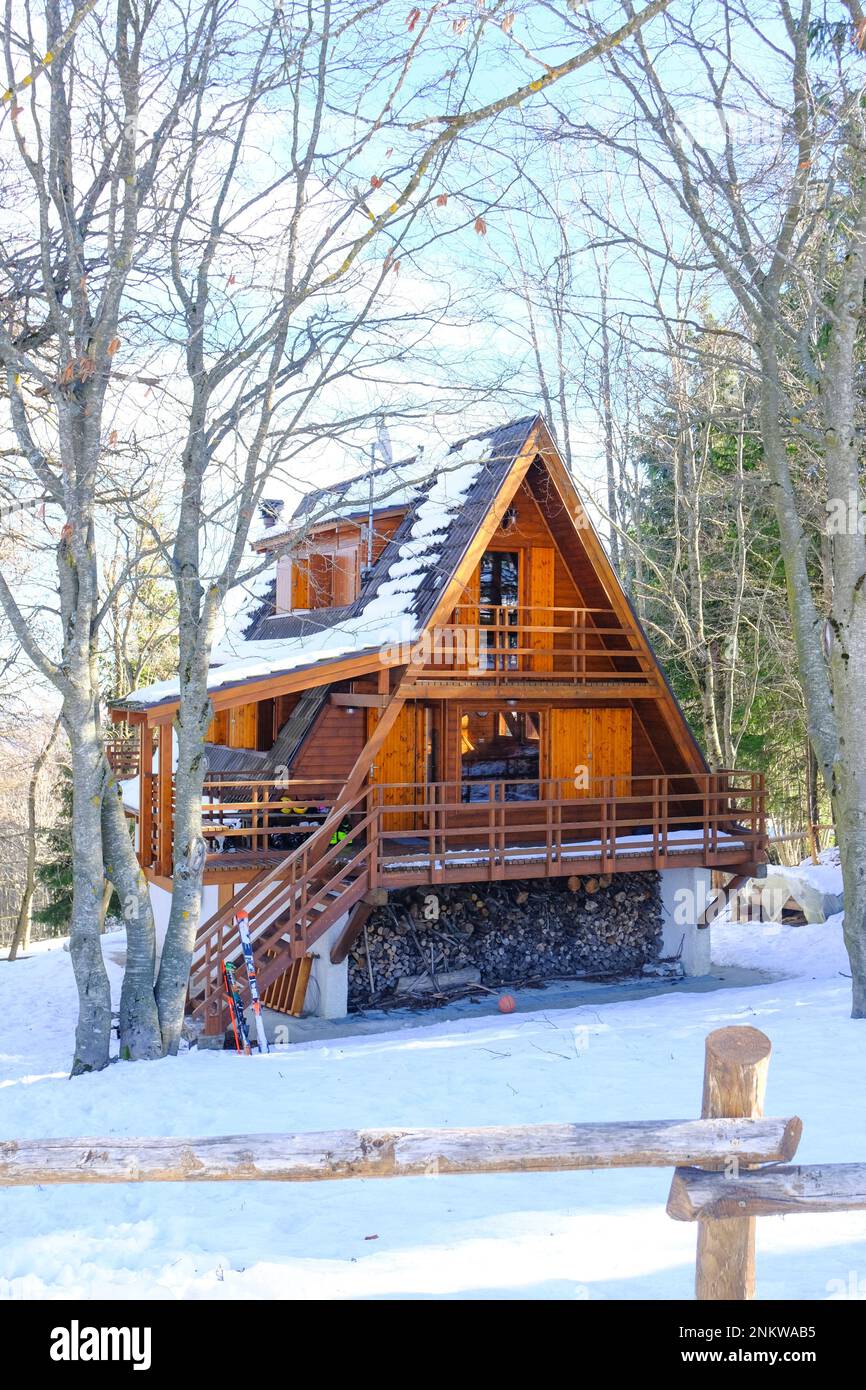 casa di legno nella foresta coperta di neve. Stagione invernale. Casa travi. Cabina in montagna Foto Stock