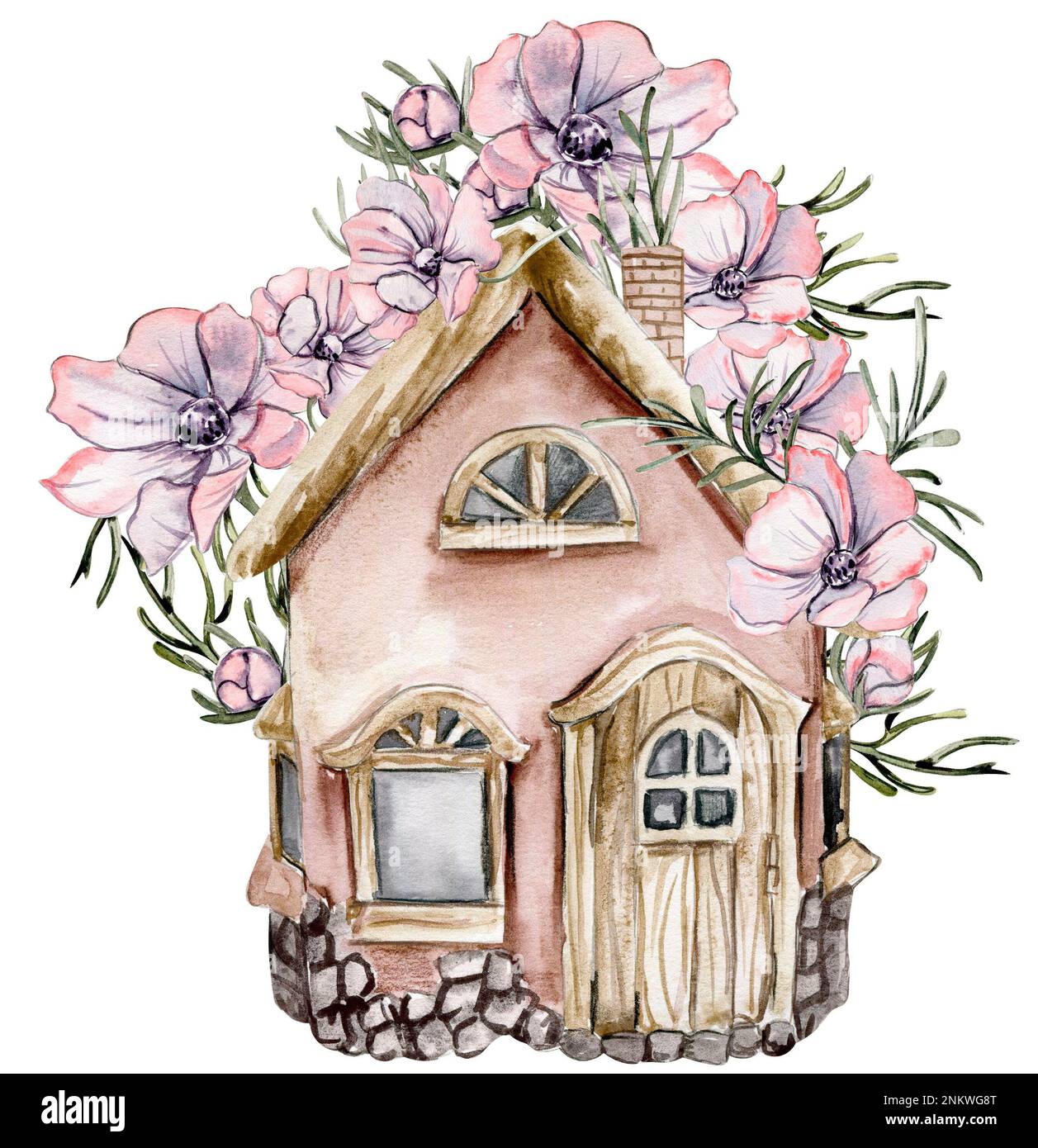 Acquerello composizione di una vecchia fattoria in legno e fiore rosa . Illustrazione disegnata a mano con acquerello su sfondo bianco. Foto Stock Acquerello composizione di una vecchia fattoria in legno e fiore rosa . Illustrazione disegnata a mano con acquerello su sfondo bianco. Foto Stock