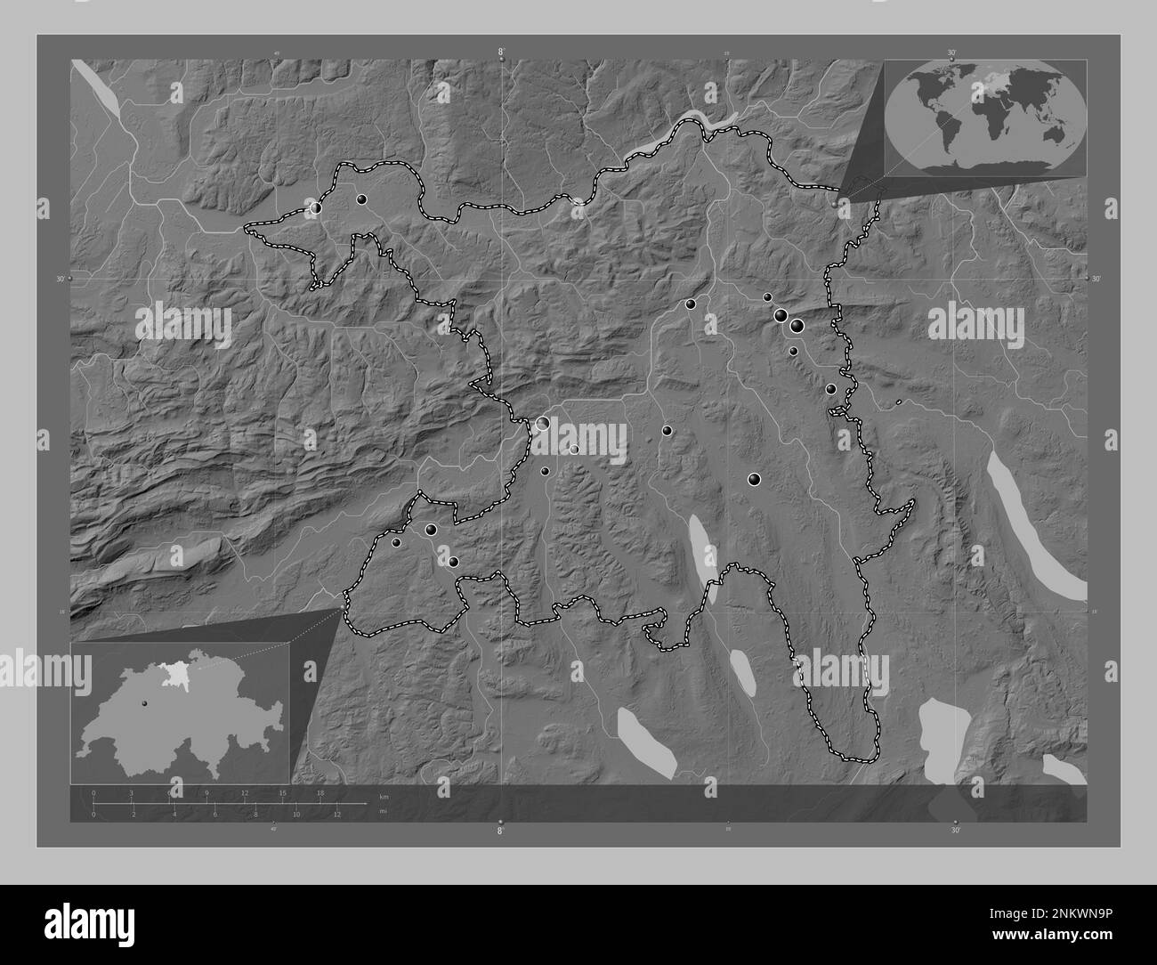 Aargau, cantone della Svizzera. Mappa in scala di grigi con laghi e fiumi. Posizioni delle principali città della regione. Mappe delle posizioni ausiliarie degli angoli Foto Stock