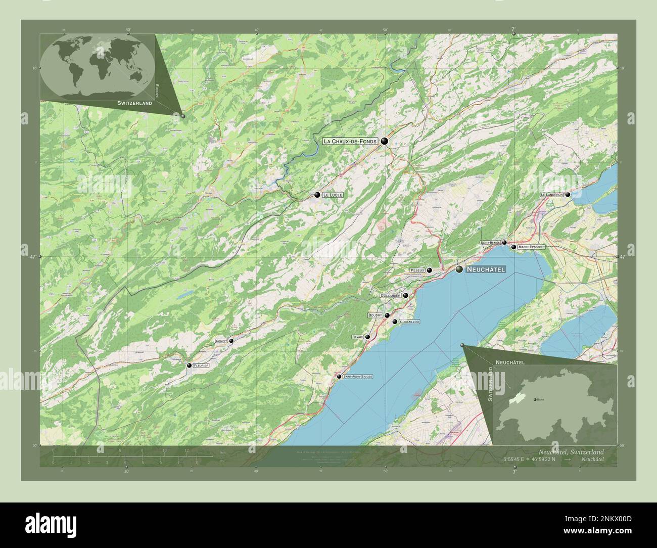 Neuchatel, cantone della Svizzera. Aprire la mappa stradale. Località e nomi delle principali città della regione. Mappe delle posizioni ausiliarie degli angoli Foto Stock