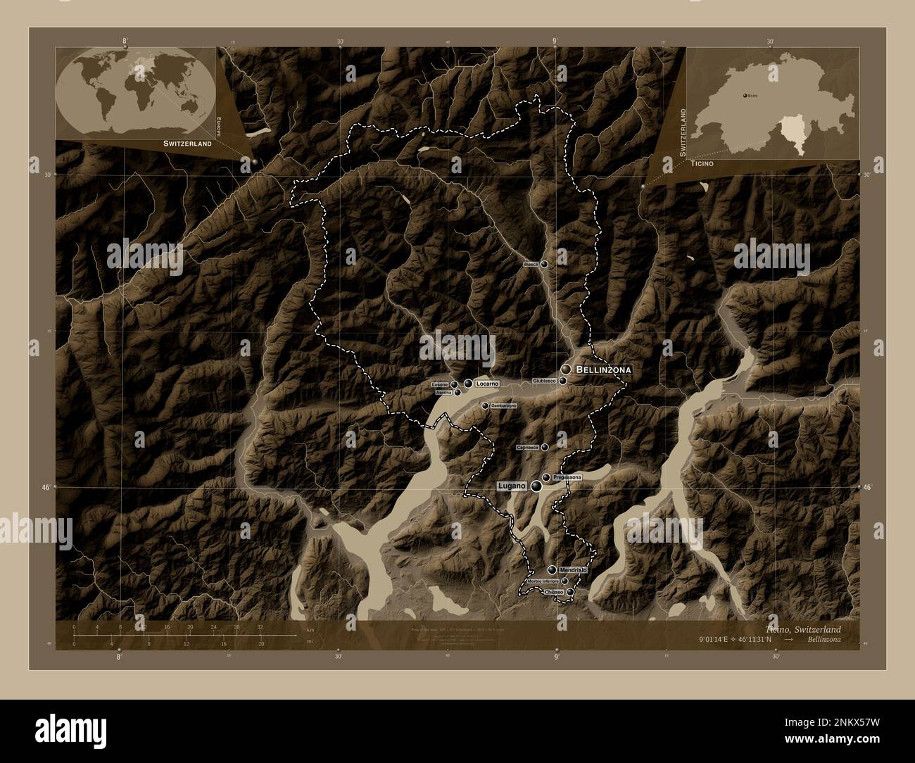 Ticino, cantone della Svizzera. Mappa dell'altitudine colorata in tonalità seppia con laghi e fiumi. Località e nomi delle principali città della regione. Angolo a Foto Stock