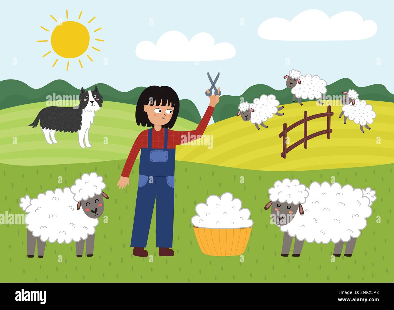 Sul poster della fattoria con gli animali carini. Ragazza che toscia pecore e fare lana su un prato verde Illustrazione Vettoriale