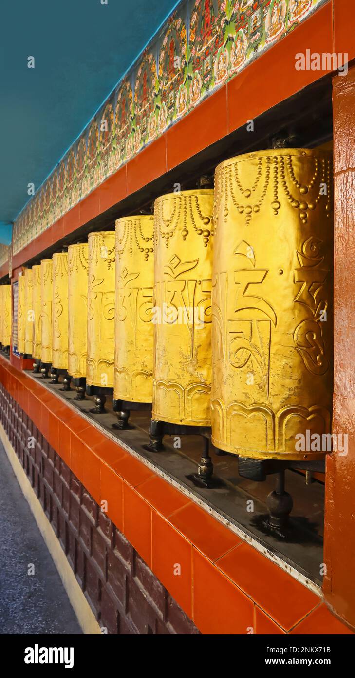Ruote di preghiera del monastero di Dalai lama, McLeod Ganj, Dharamshala, Himachal Pradesh, India Foto Stock